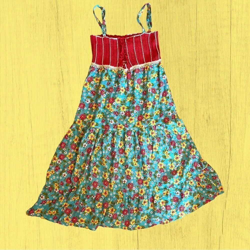 70s vintage crochet lace up dress floral tiered skirt - Picture 8 of 10